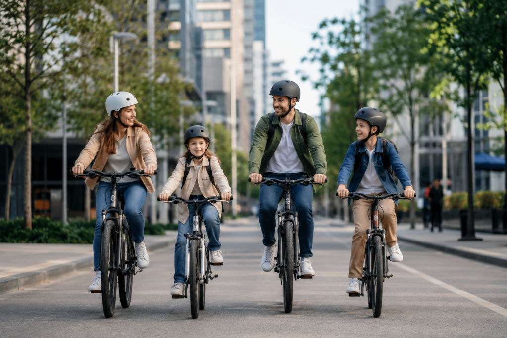 Fietsend gezin in de stad